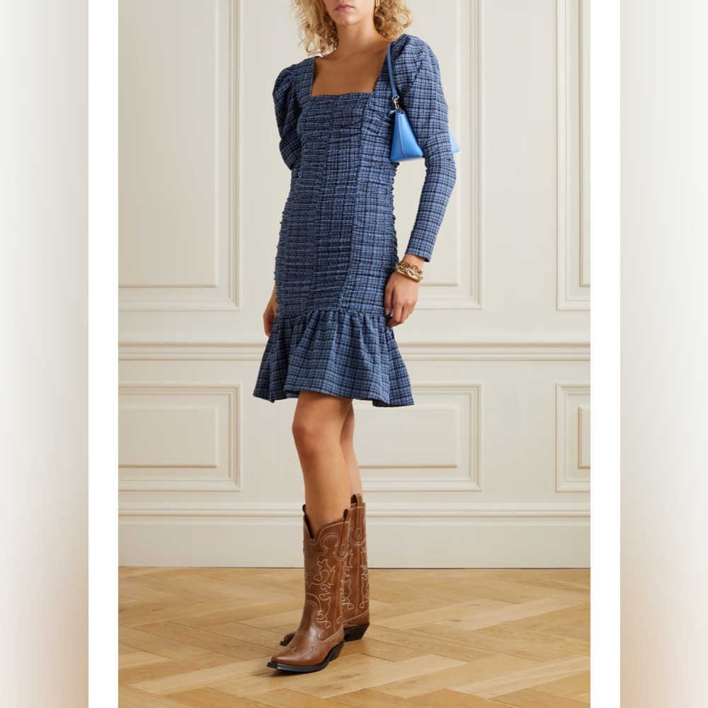 Ganni Ruched checked stretch recycled-seersucker mini dress